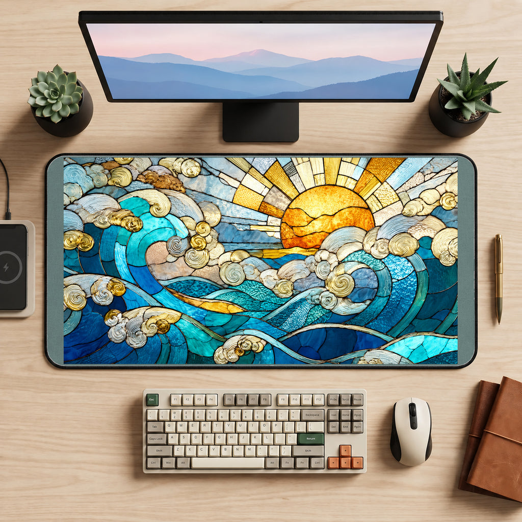 Stained Glass Wave at Sunrise desk mat — product mockup 2