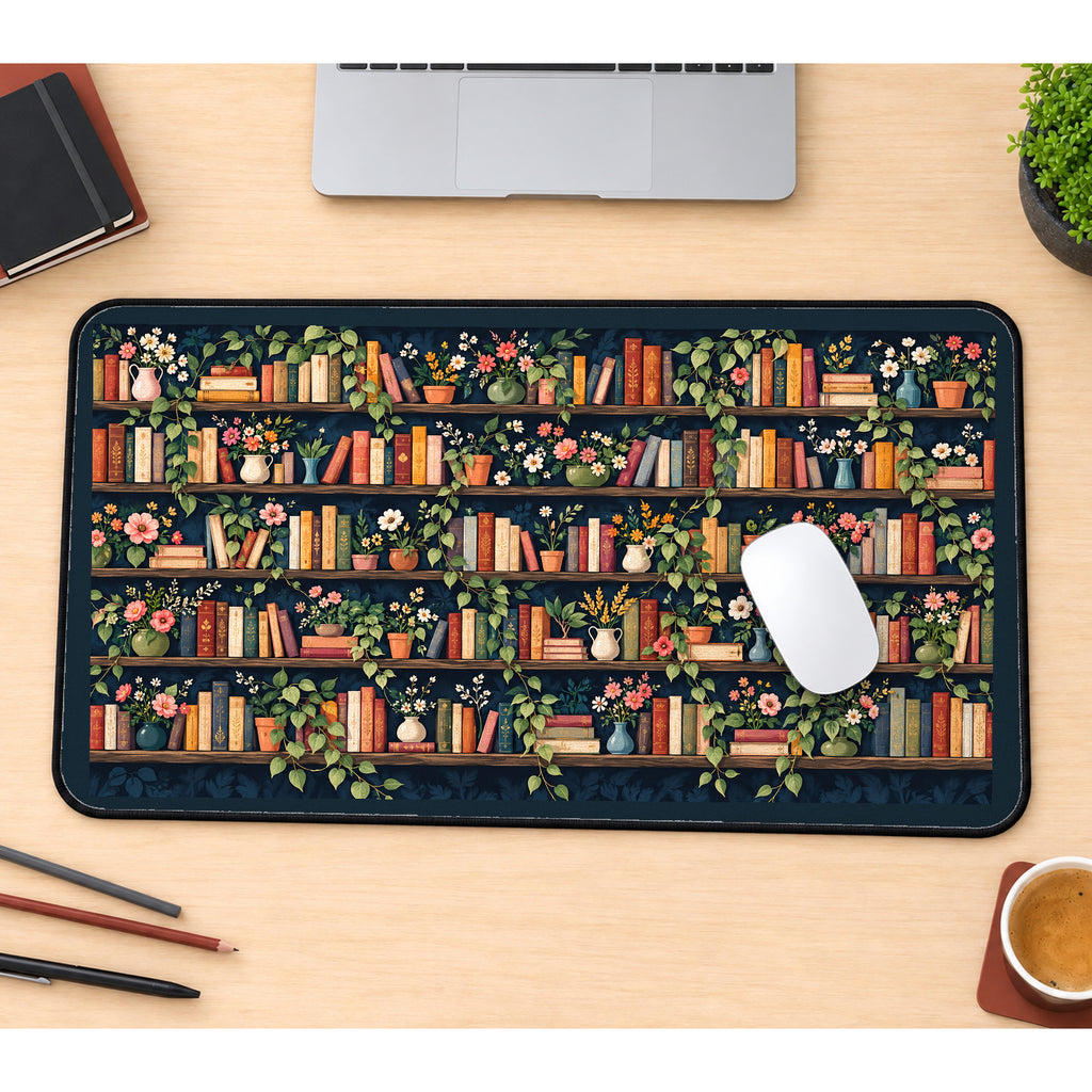 Dark Floral Library Shelves desk mat — product mockup 1