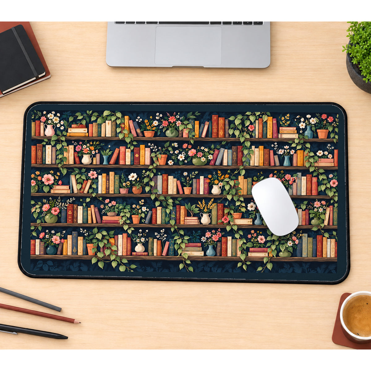 Dark Floral Library Shelves desk mat — product mockup 1