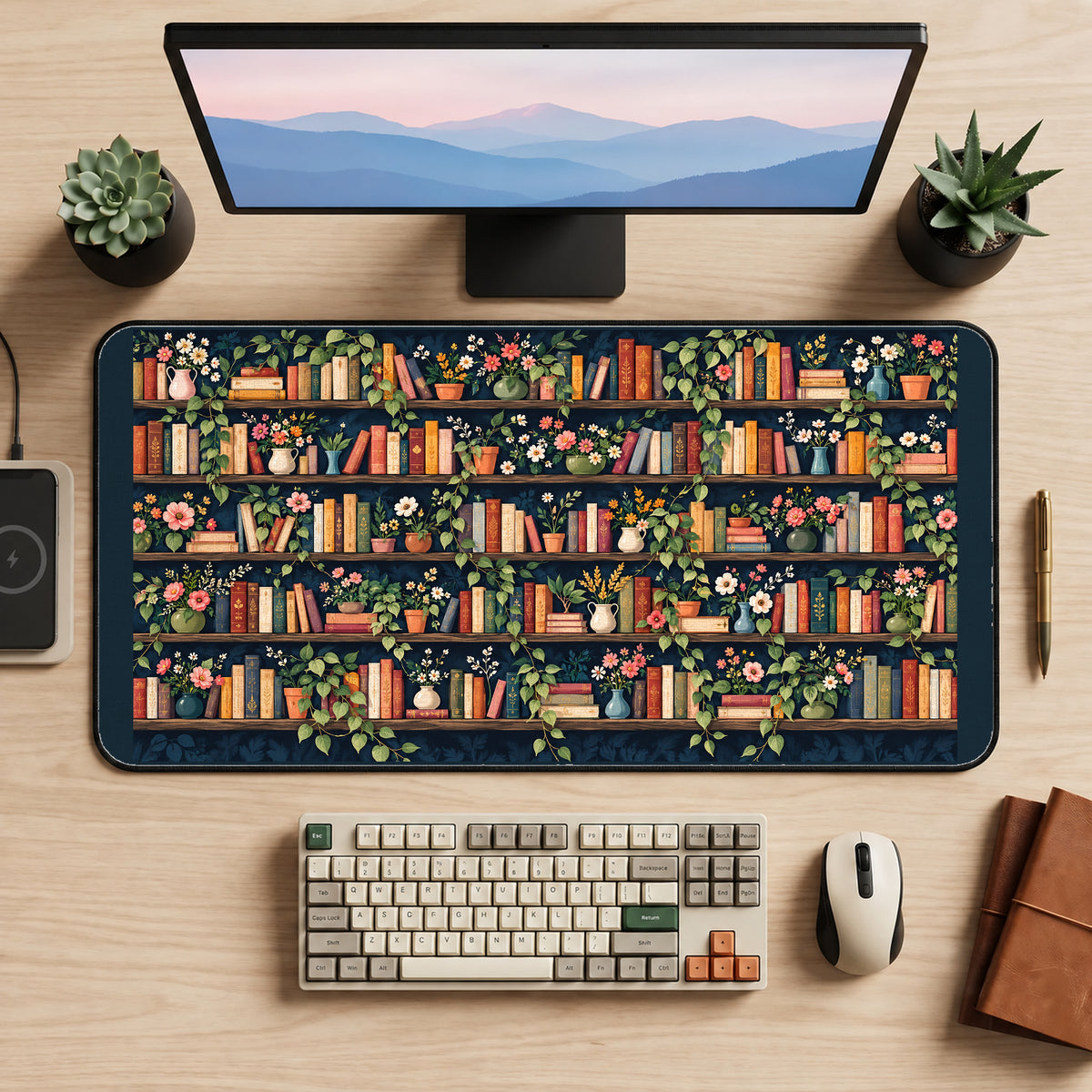 Dark Floral Library Shelves desk mat — product mockup 2