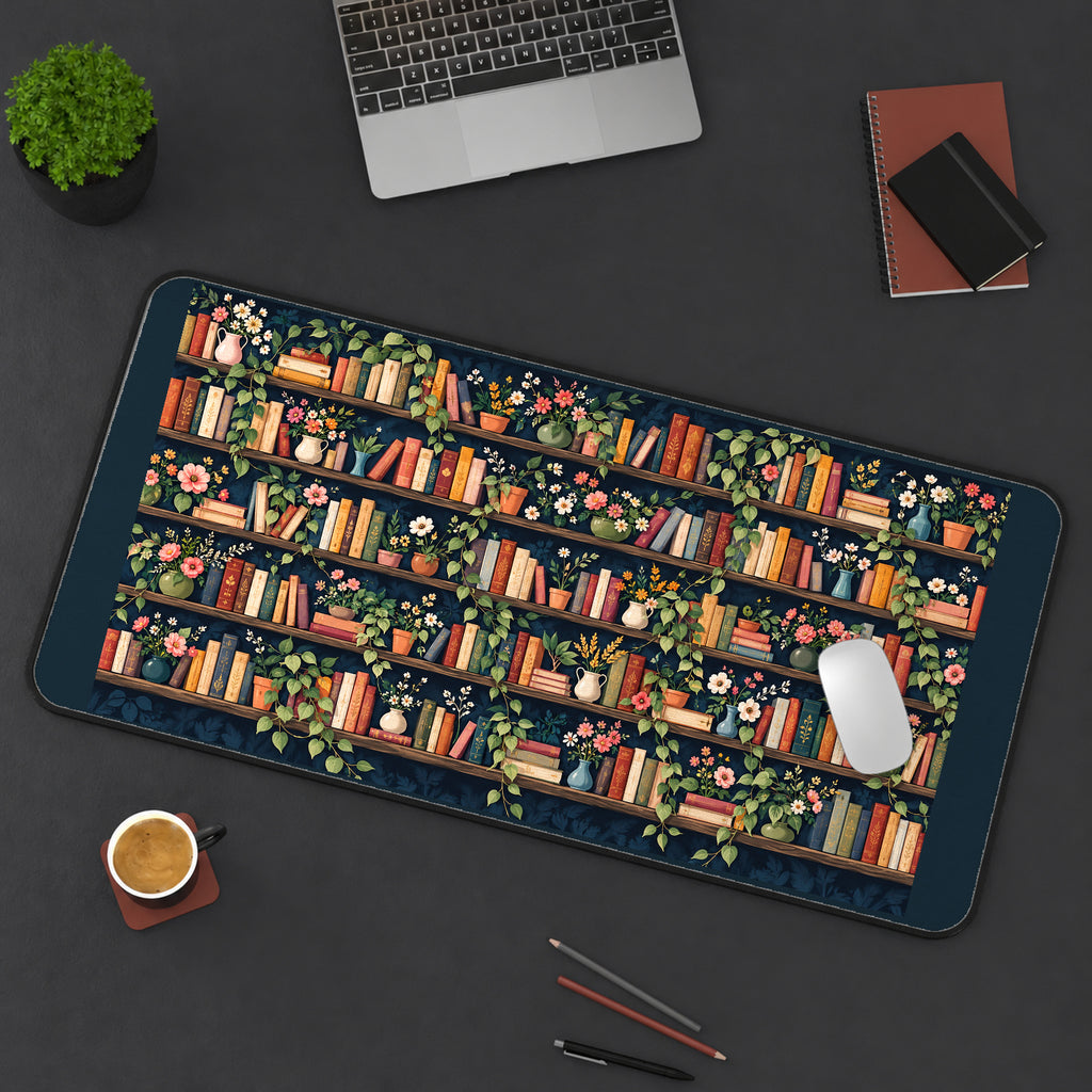 Dark Floral Library Shelves desk mat — product mockup 3