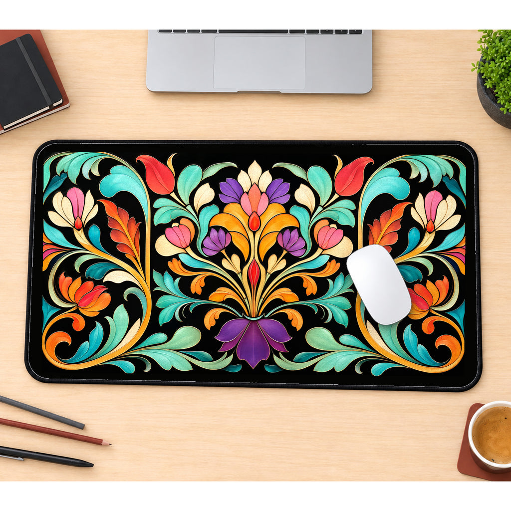Colorful Art Nouveau Floral Crest desk mat — product mockup 1