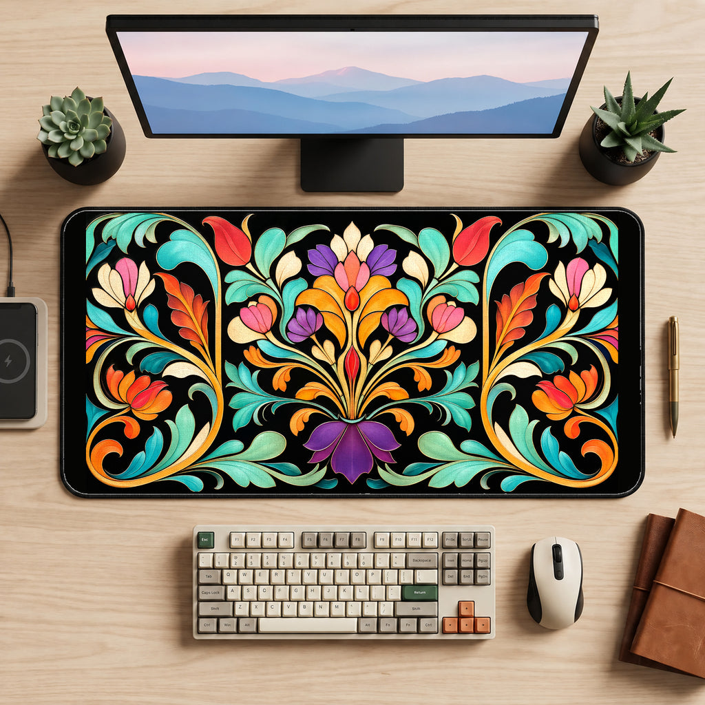 Colorful Art Nouveau Floral Crest desk mat — product mockup 2