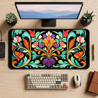 Colorful Art Nouveau Floral Crest desk mat — product mockup 2
