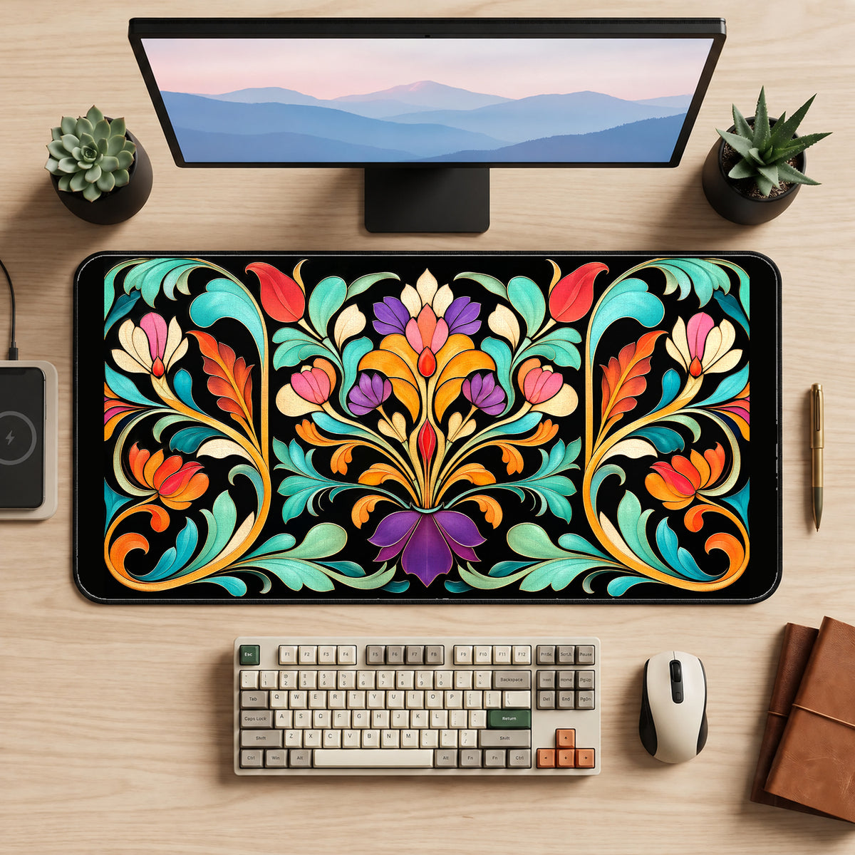 Colorful Art Nouveau Floral Crest desk mat — product mockup 2