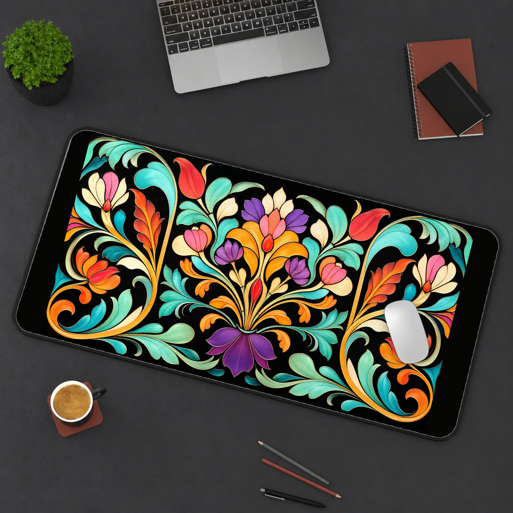 Colorful Art Nouveau Floral Crest desk mat — product mockup 3