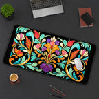 Colorful Art Nouveau Floral Crest desk mat — product mockup 3