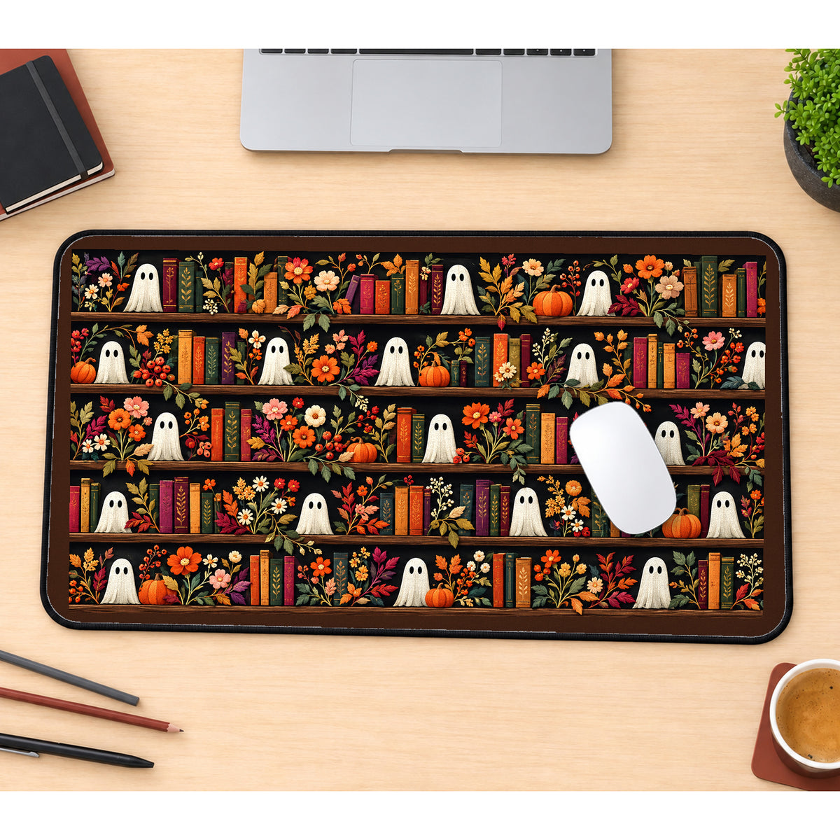 Bookish Ghosts on Flower Shelves desk mat — product mockup 1