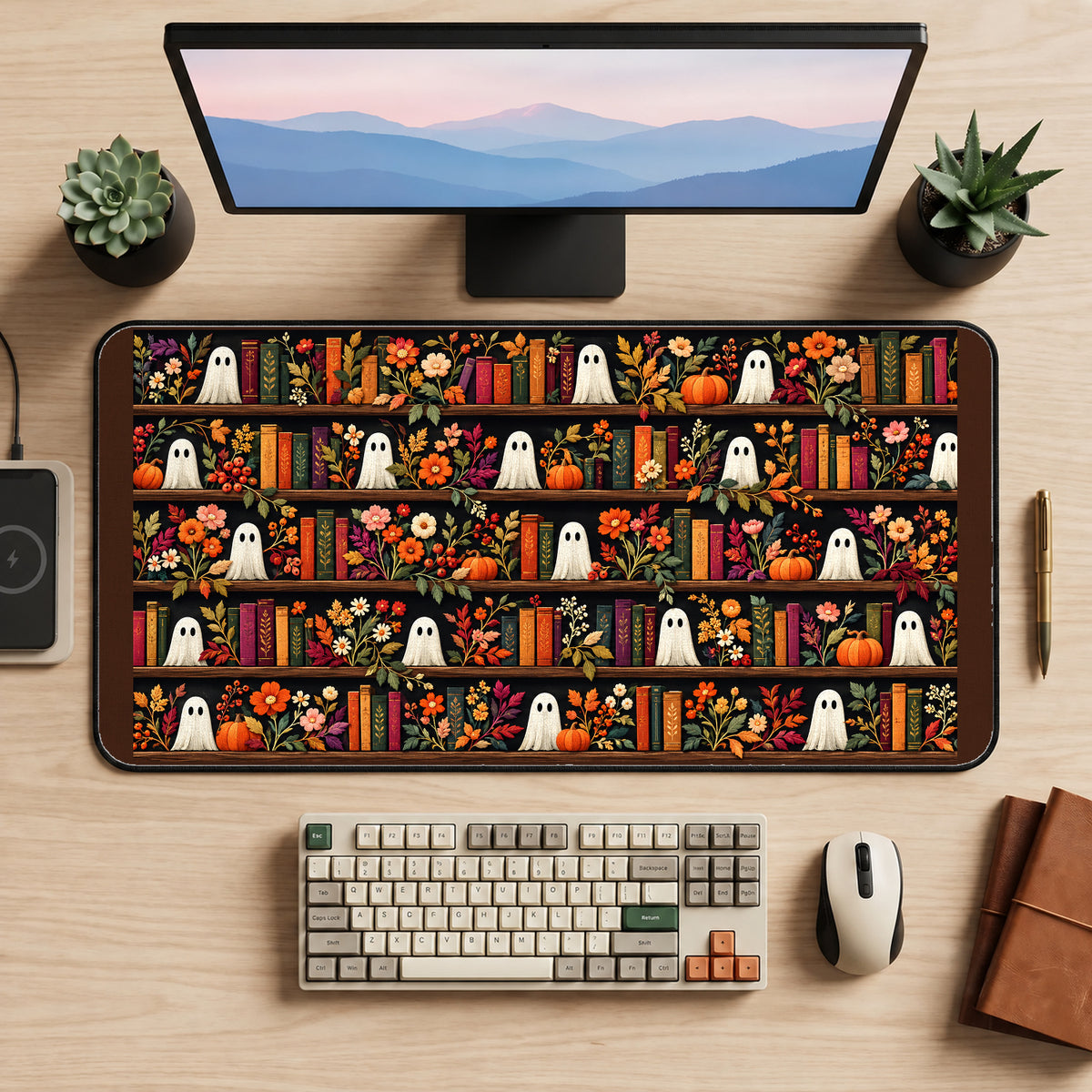Bookish Ghosts on Flower Shelves desk mat — product mockup 2
