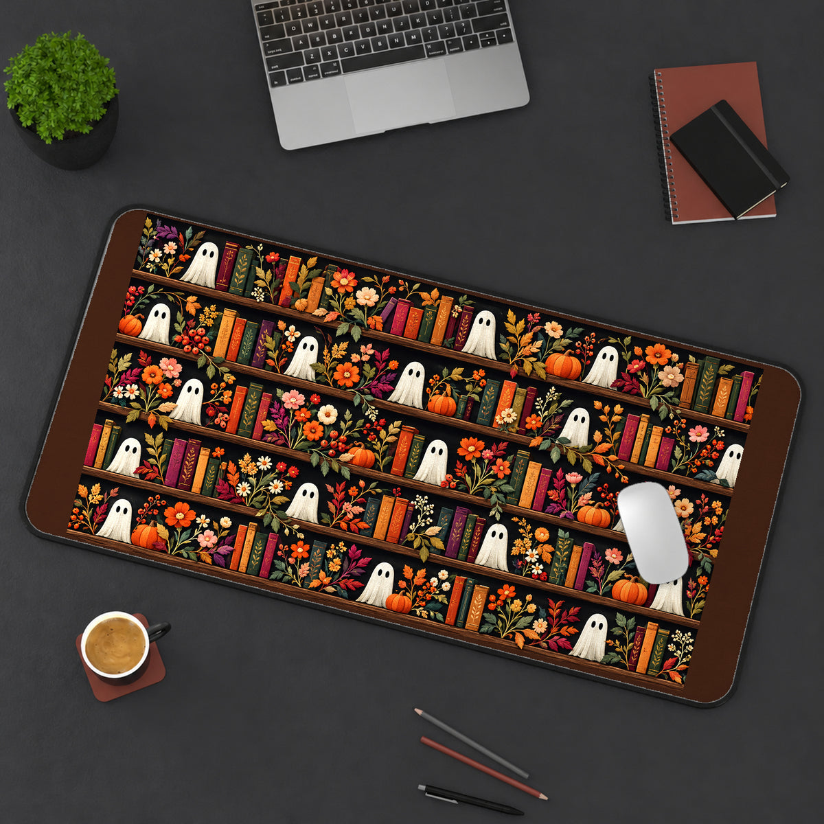 Bookish Ghosts on Flower Shelves desk mat — product mockup 3