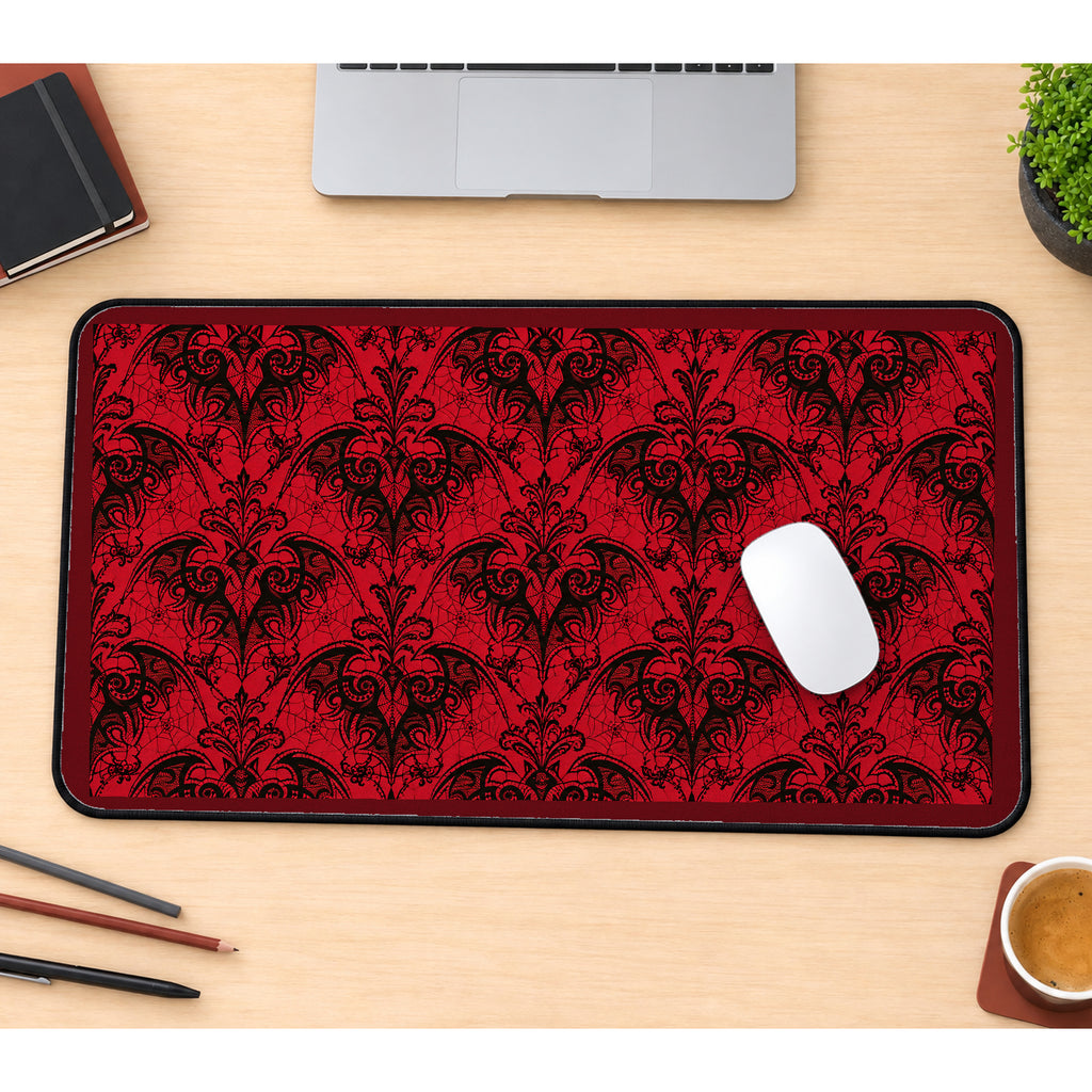 Red Gothic Floral Damask desk mat — product mockup 1