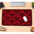 Red Gothic Floral Damask desk mat — product mockup 1