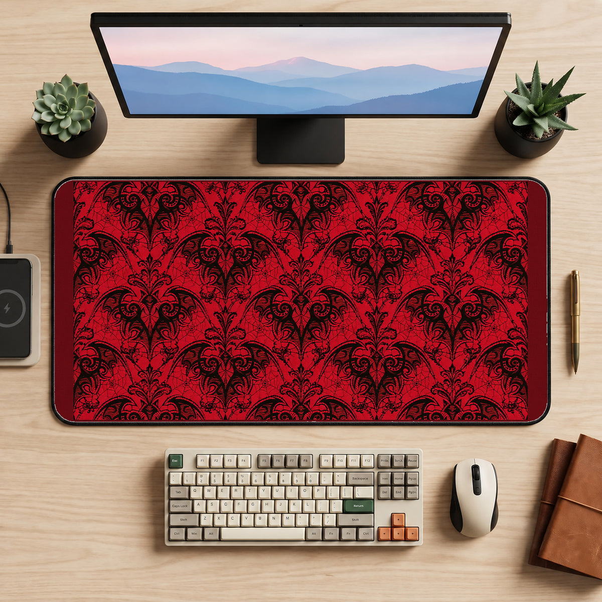Red Gothic Floral Damask desk mat — product mockup 2
