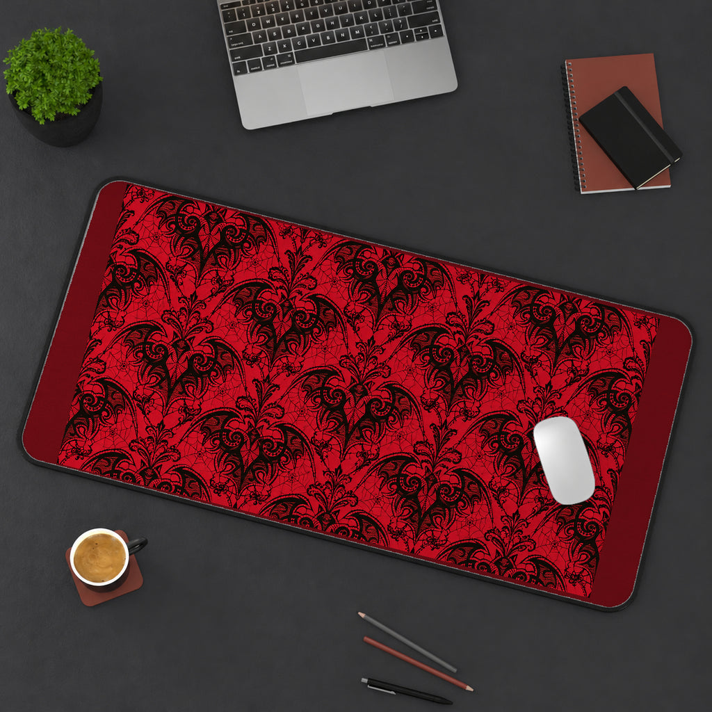 Red Gothic Floral Damask desk mat — product mockup 3