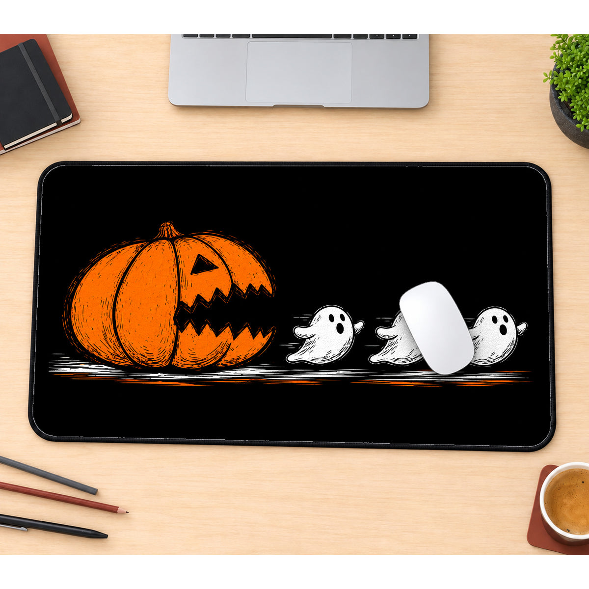 Pumpkin Chasing Little Ghosts desk mat — product mockup 1