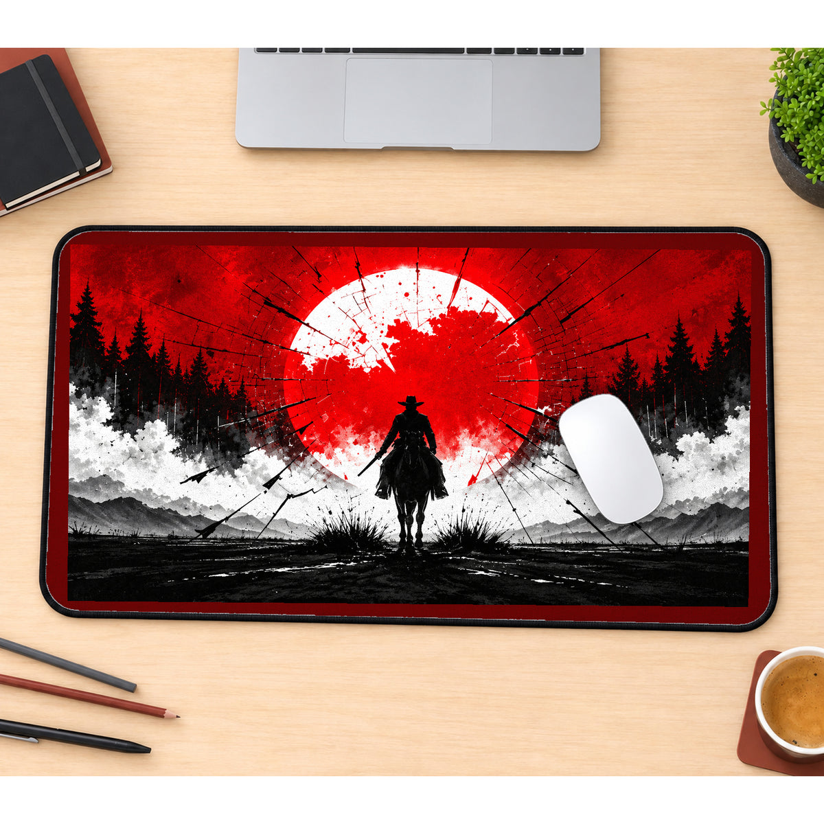 Western Rider Before a Red Sun desk mat — product mockup 1