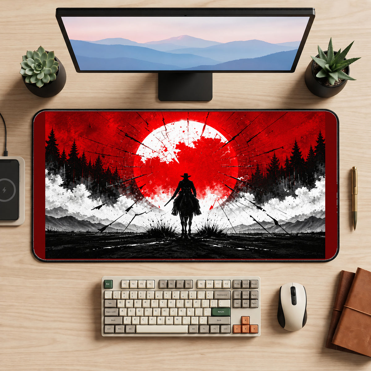 Western Rider Before a Red Sun desk mat — product mockup 2
