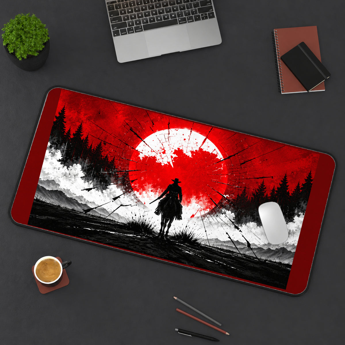 Western Rider Before a Red Sun desk mat — product mockup 3