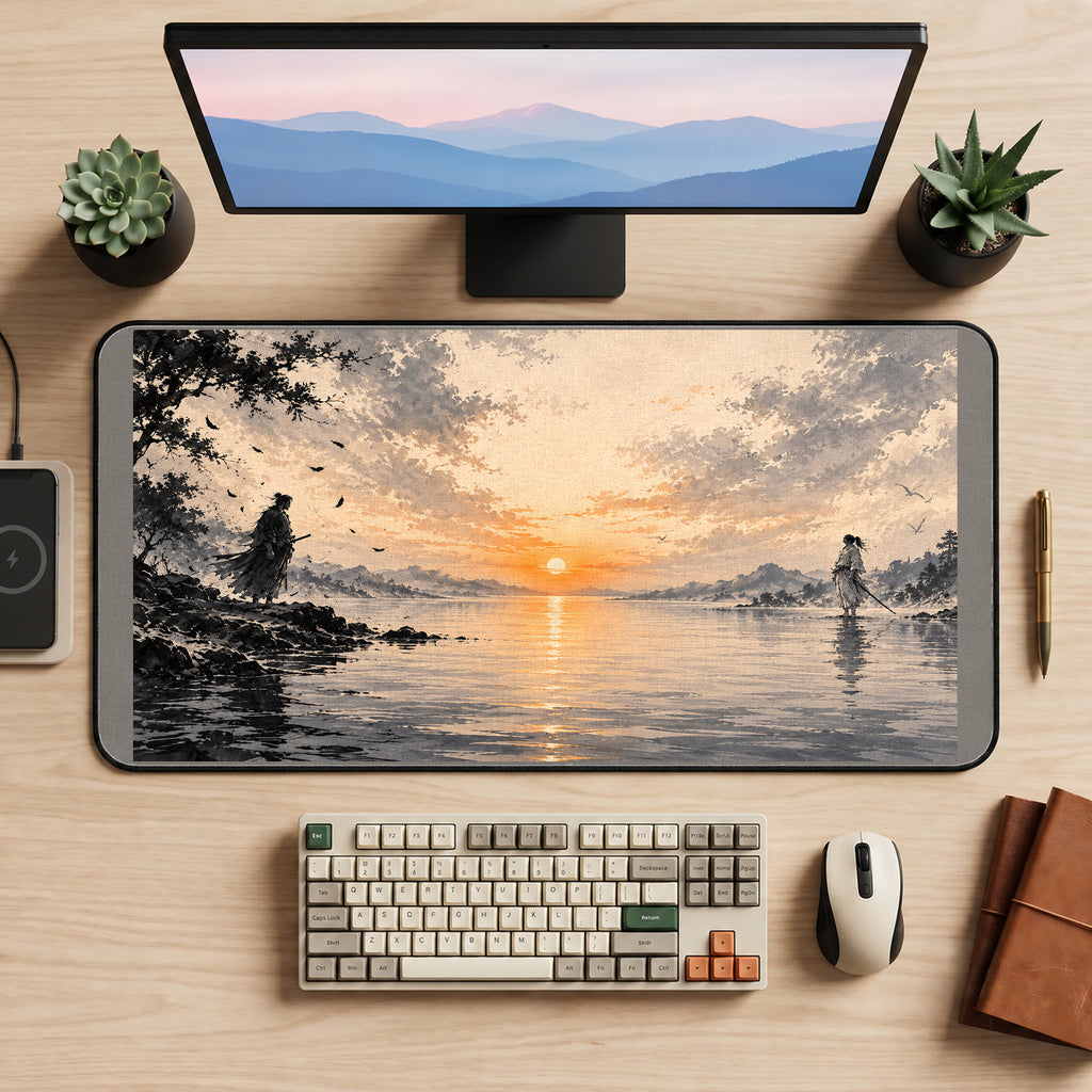 Samurai Across Sunset Water desk mat — product mockup 2