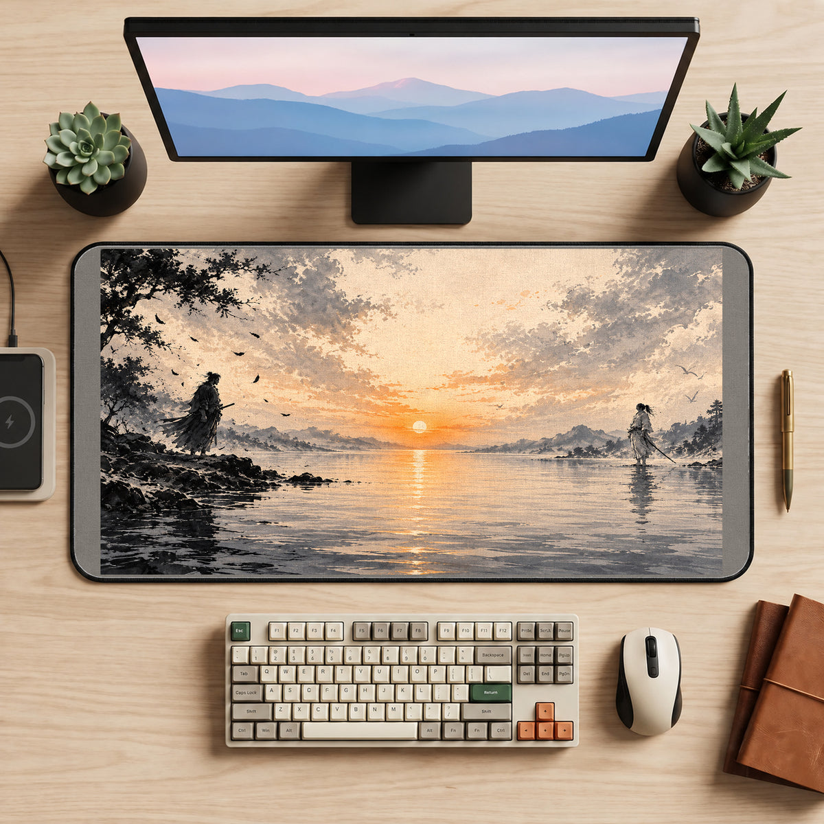 Samurai Across Sunset Water desk mat — product mockup 2