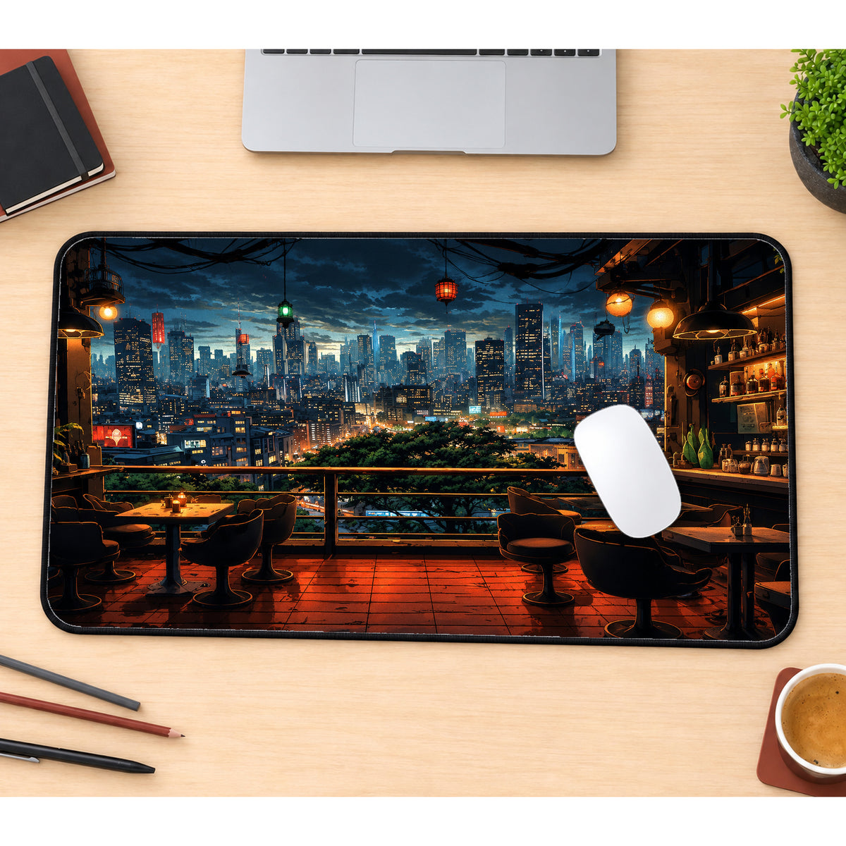City Cafe at Dusk Desk Mat — product mockup 1
