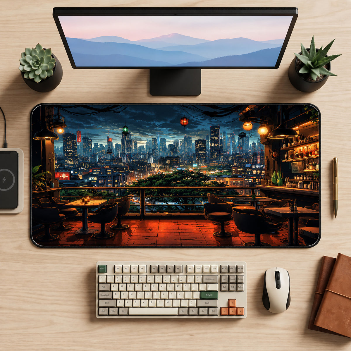 City Cafe at Dusk Desk Mat — product mockup 2