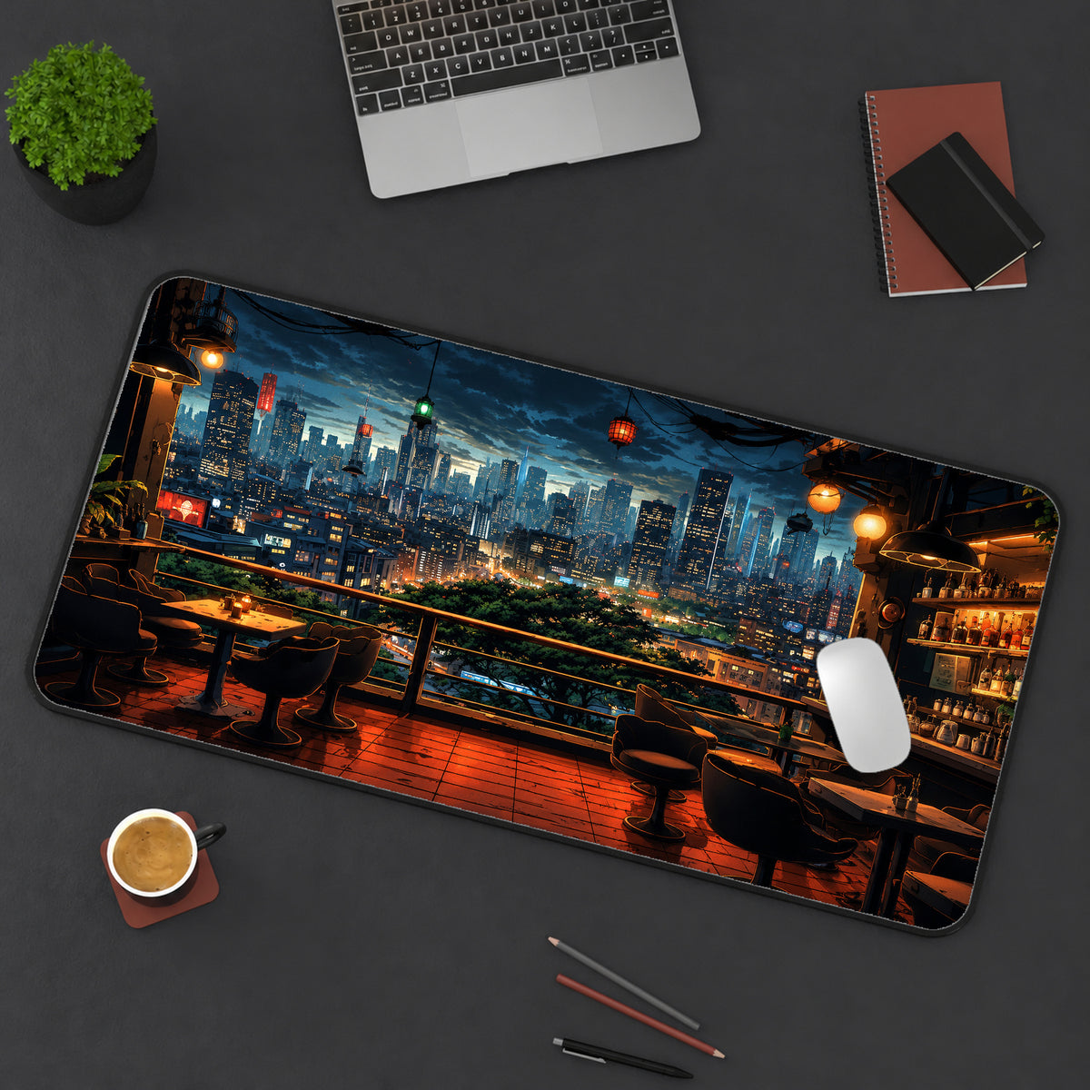 City Cafe at Dusk Desk Mat — product mockup 3
