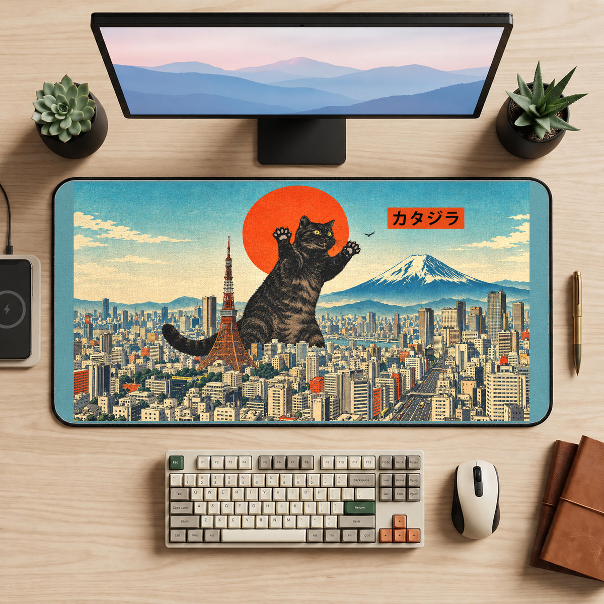 Giant Tabby Above Tokyo desk mat — product mockup 2