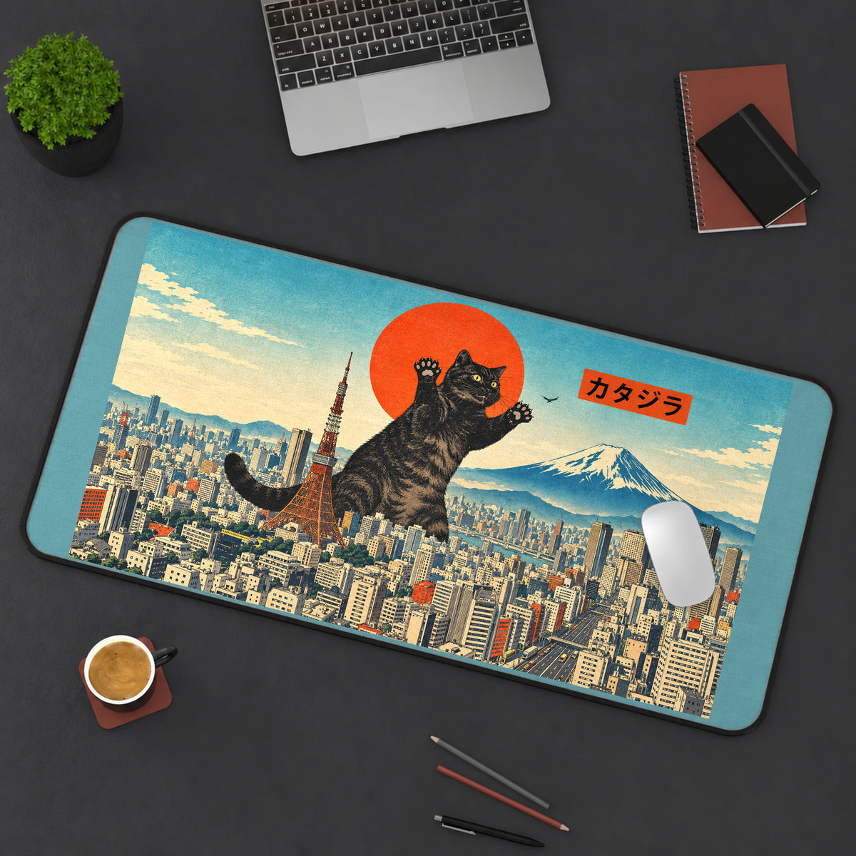 Giant Tabby Above Tokyo desk mat — product mockup 3