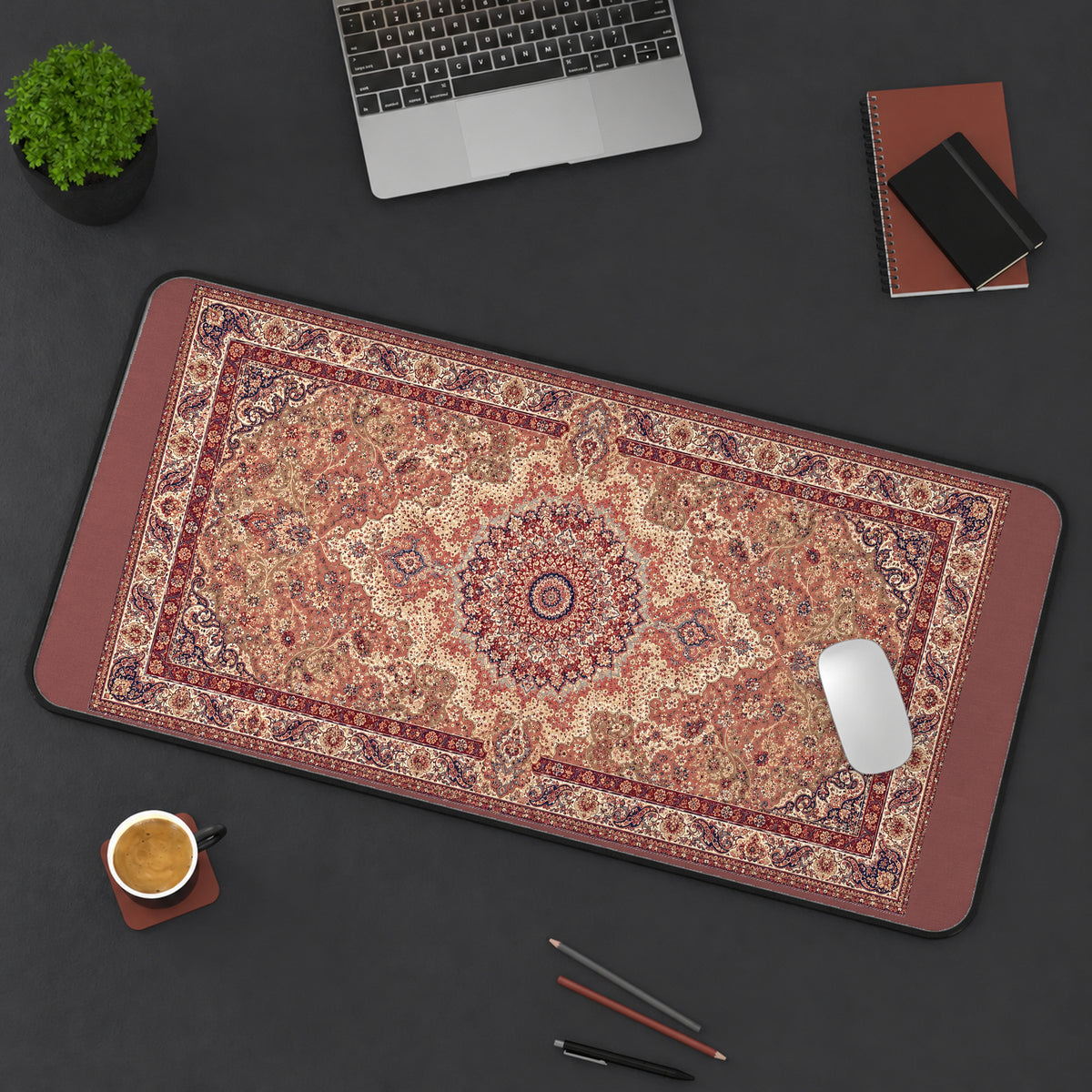 Dusty Rose Antique Rug Medallion desk mat — product mockup 3