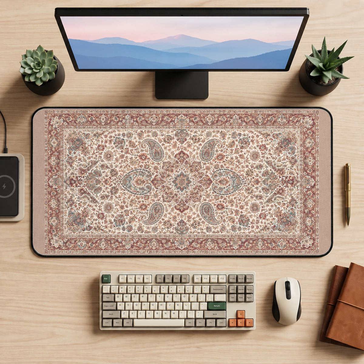 Faded Cream Persian Rug Pattern desk mat — product mockup 2