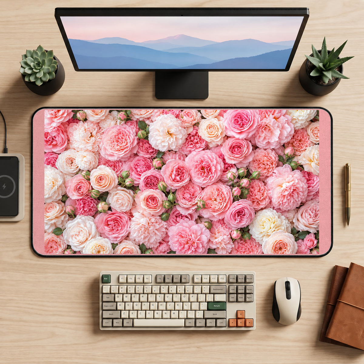 Pink Peony and Rose Garden desk mat — product mockup 2