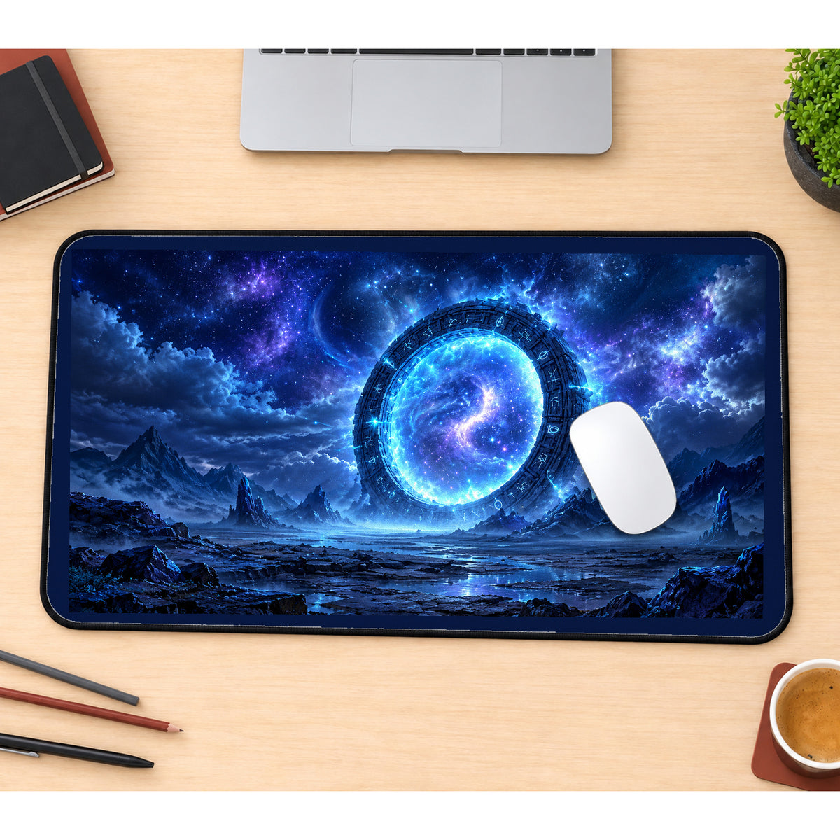 Blue Cosmic Ring Portal desk mat — product mockup 1