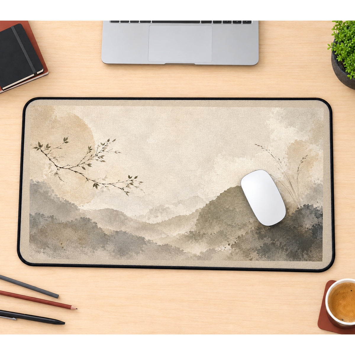 Neutral Japandi Mountain Wash desk mat — product mockup 1