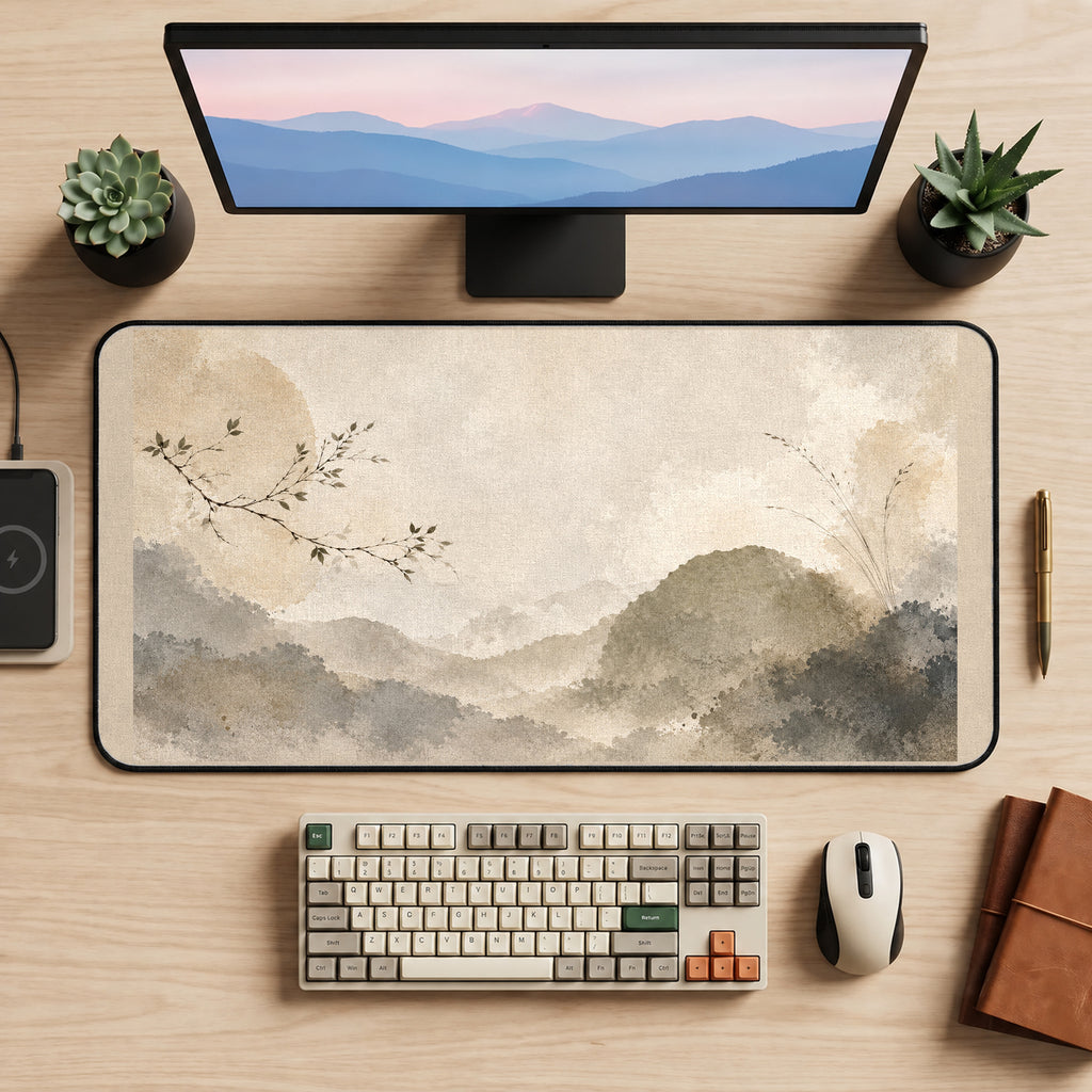 Neutral Japandi Mountain Wash desk mat — product mockup 2