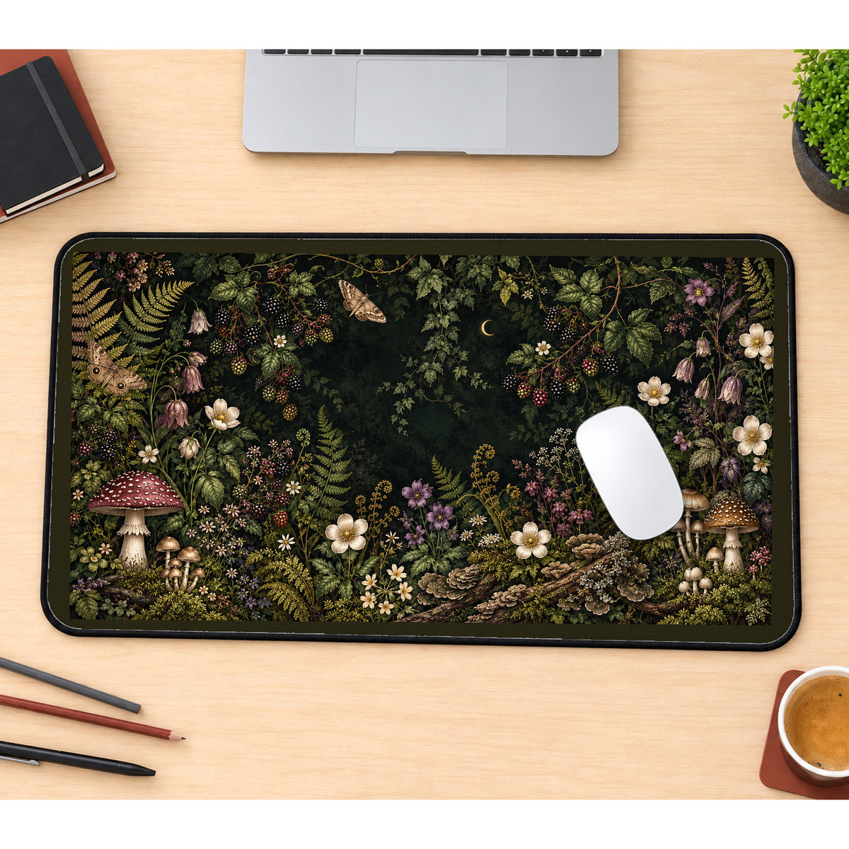 Dark Woodland Mushroom Wreath desk mat — product mockup 1
