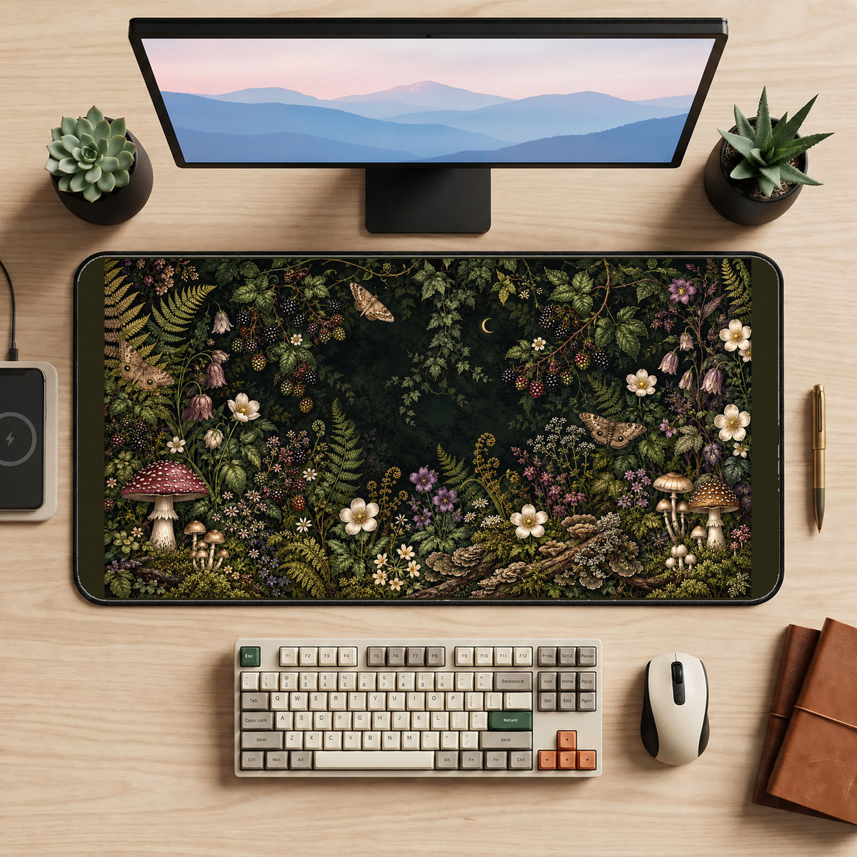 Dark Woodland Mushroom Wreath desk mat — product mockup 2