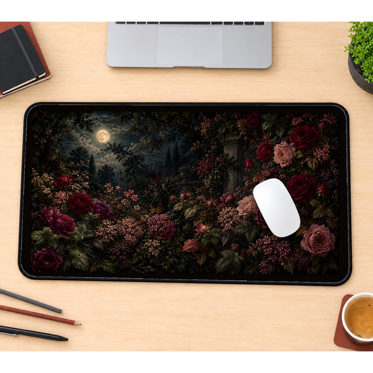 Moonlit Burgundy Rose Garden desk mat — product mockup 1
