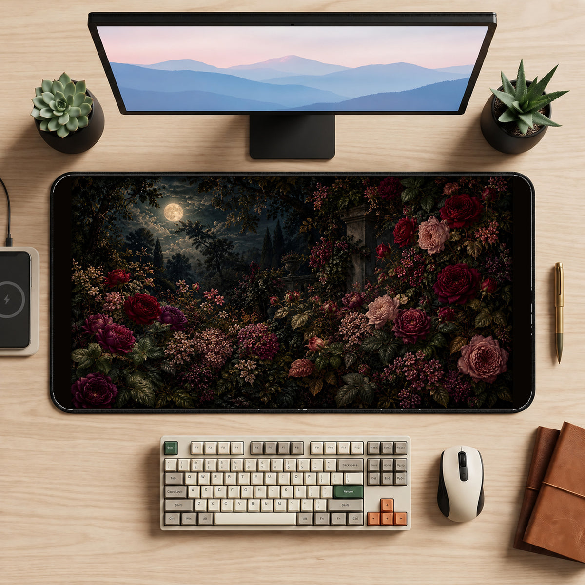 Moonlit Burgundy Rose Garden desk mat — product mockup 2
