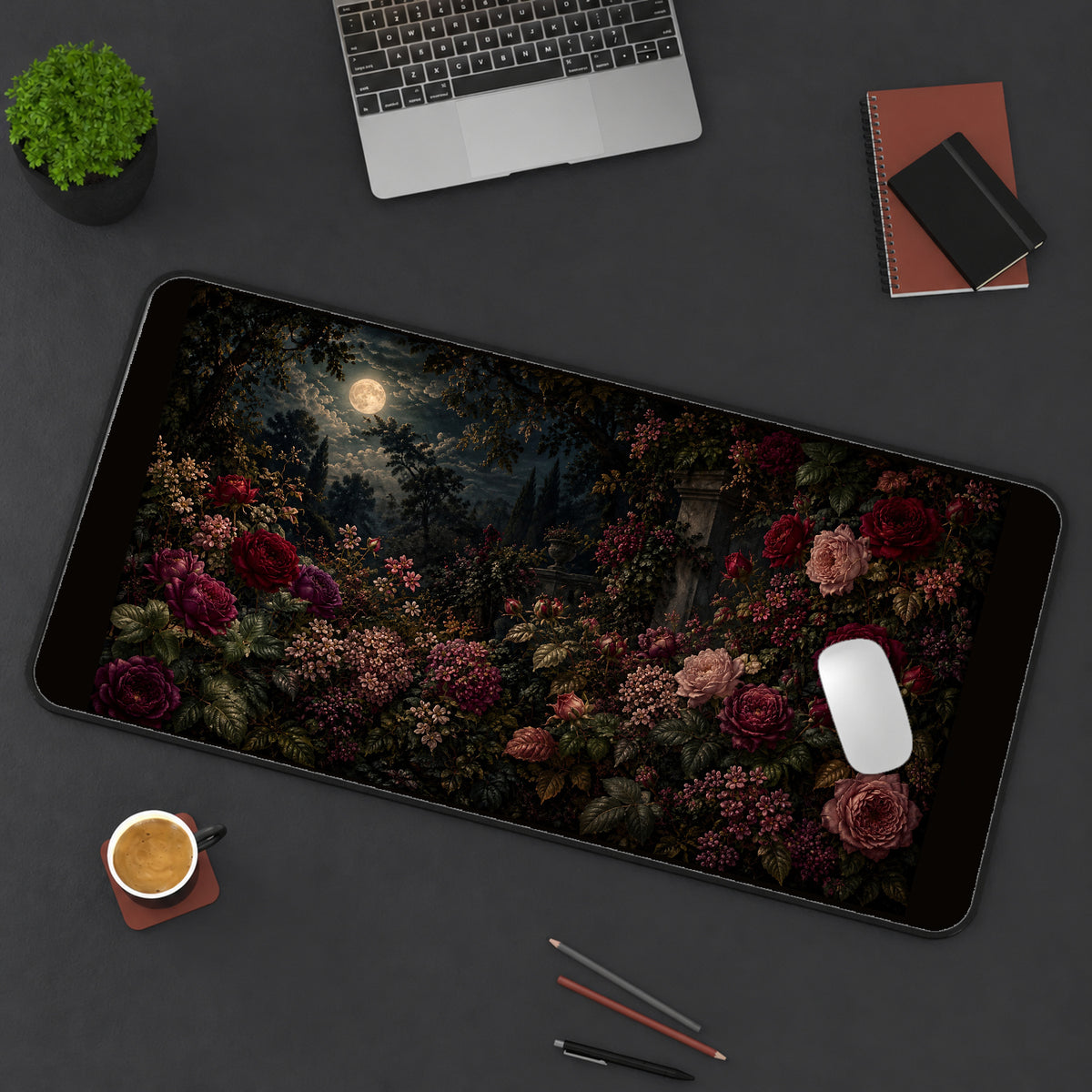 Moonlit Burgundy Rose Garden desk mat — product mockup 3