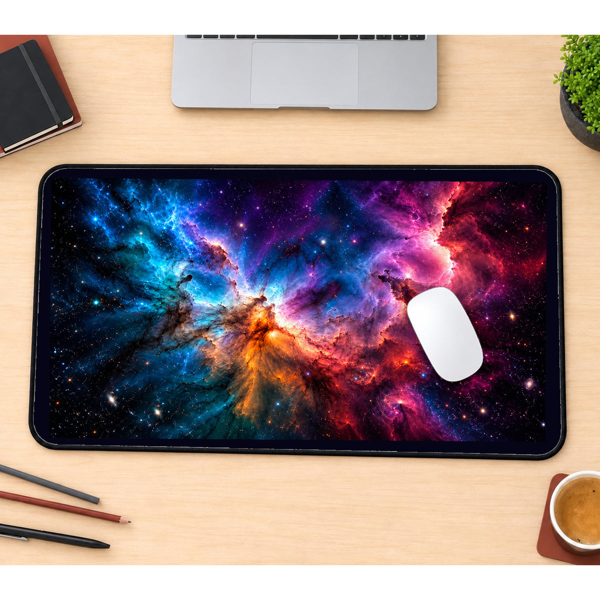 Vibrant Deep Space Nebula desk mat — product mockup 1