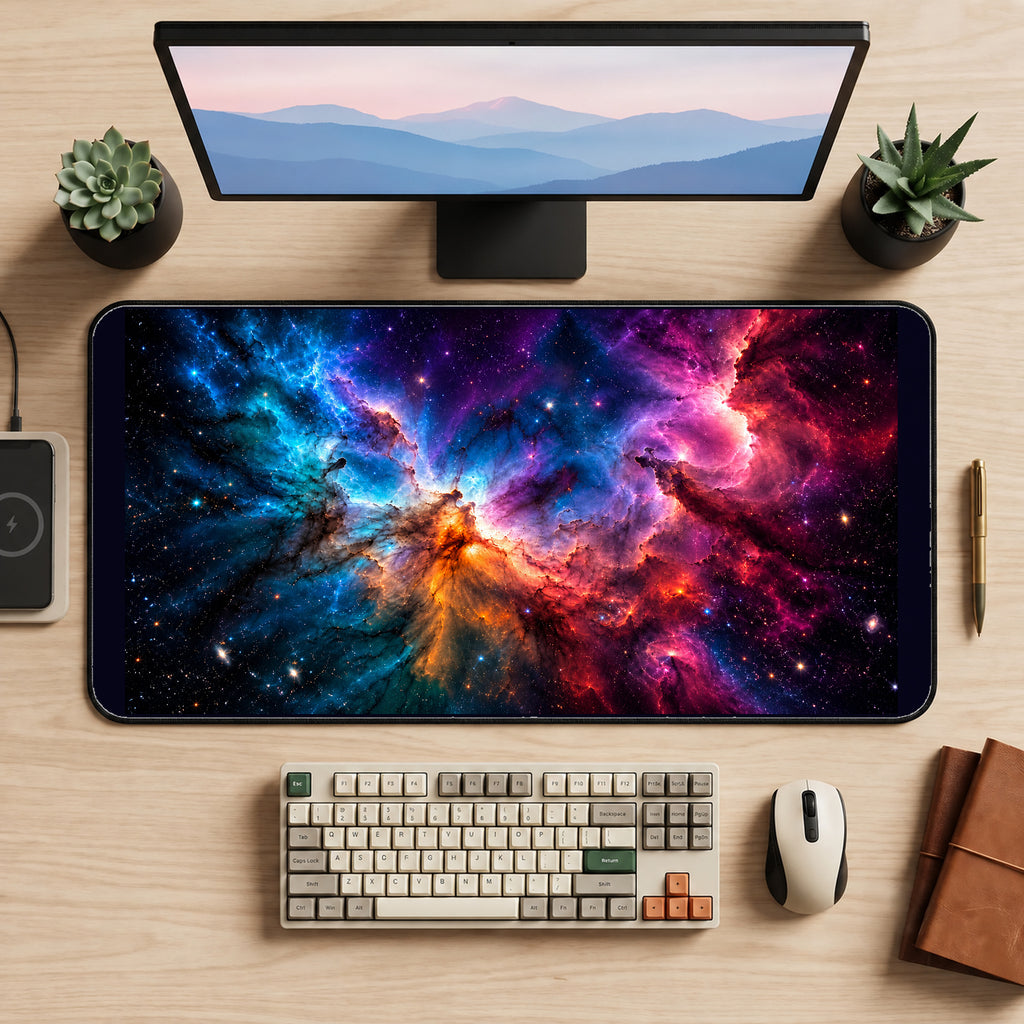 Vibrant Deep Space Nebula desk mat — product mockup 2