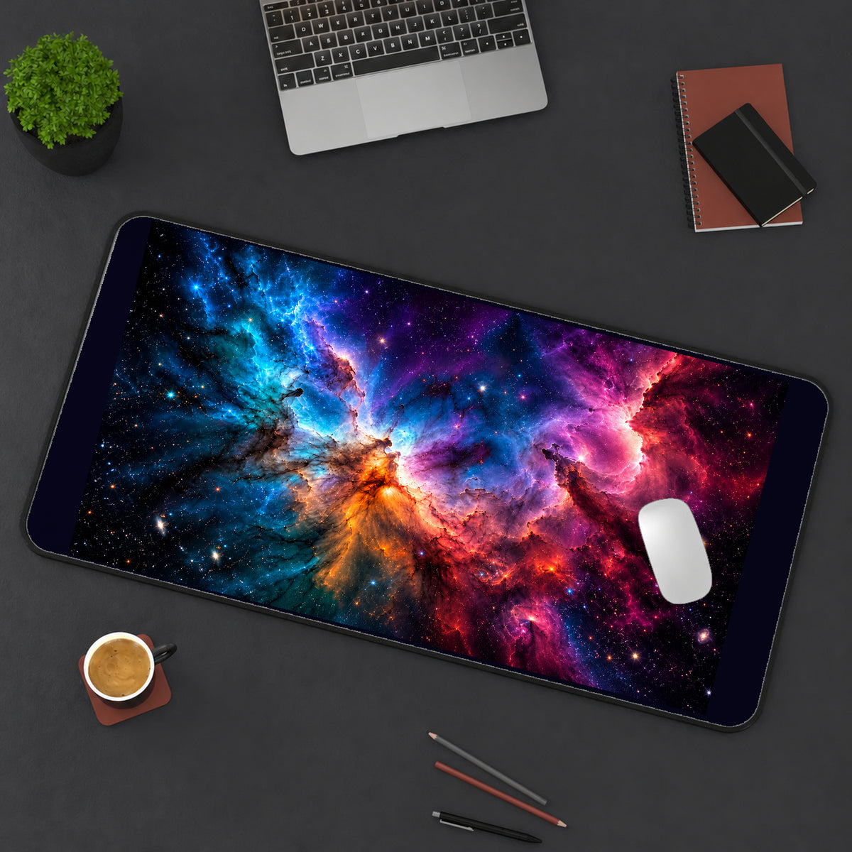 Vibrant Deep Space Nebula desk mat — product mockup 3