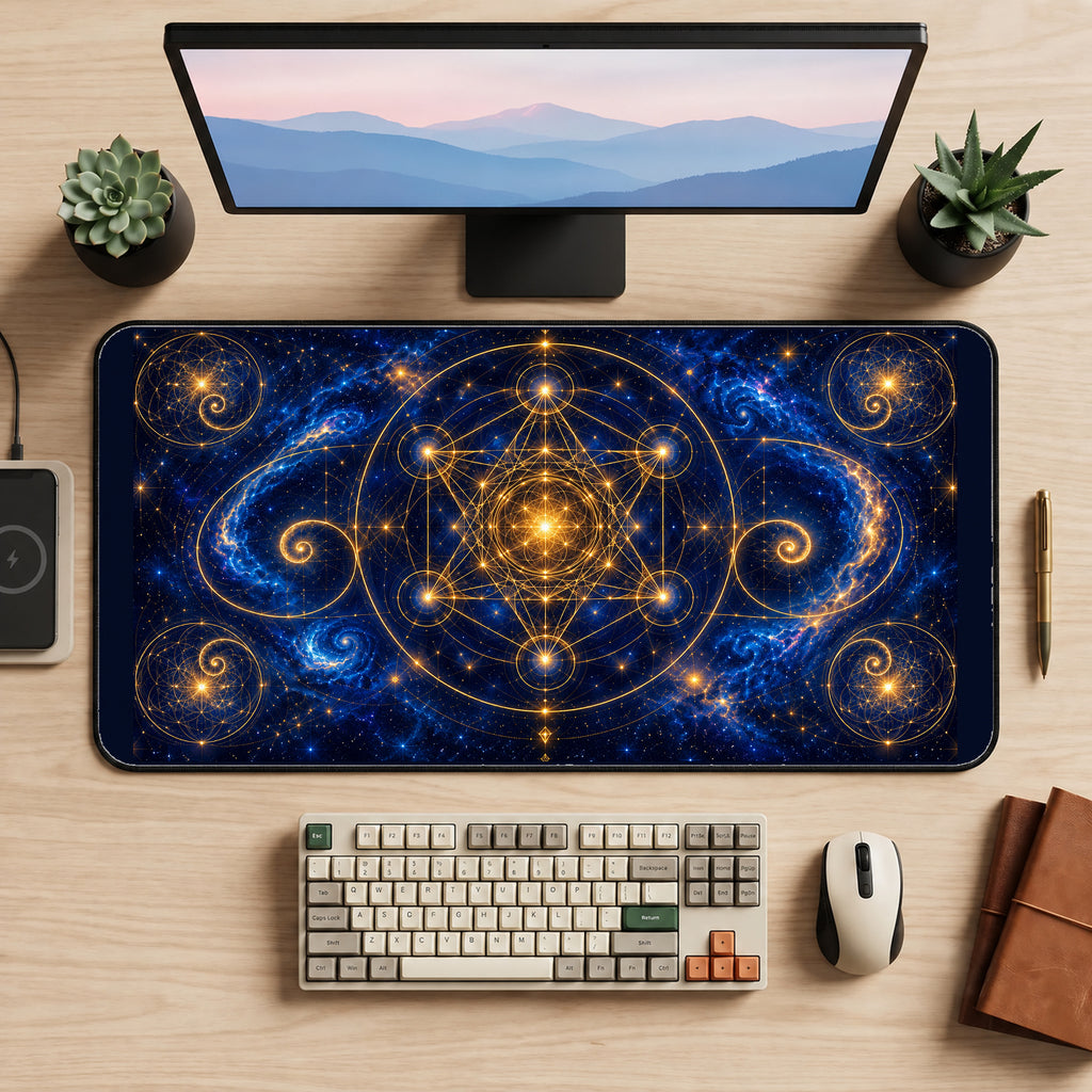 Golden Cosmic Sacred Geometry desk mat — product mockup 2