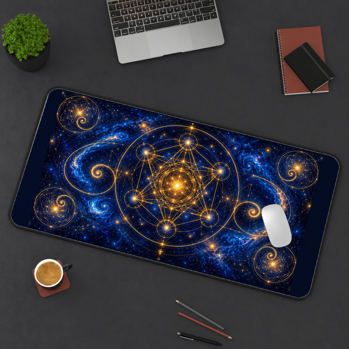 Golden Cosmic Sacred Geometry desk mat — product mockup 3