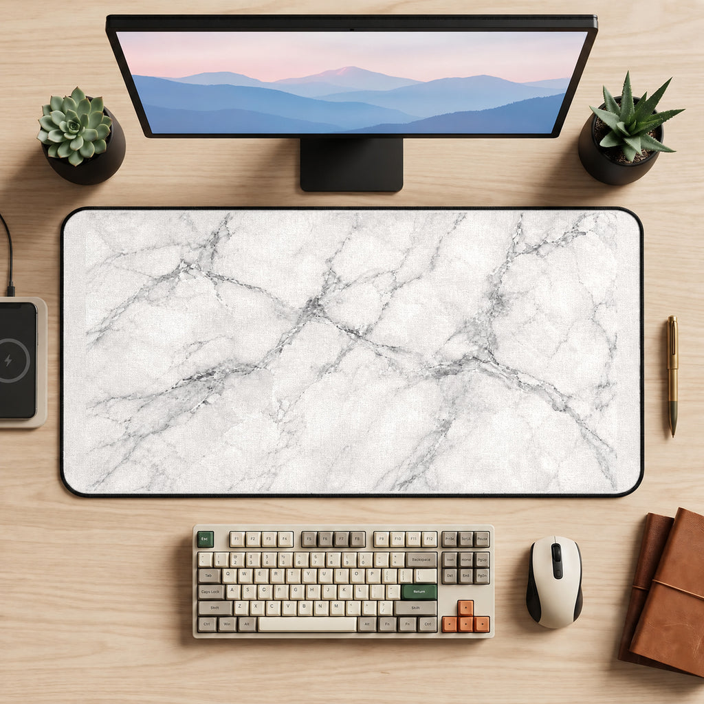 White Marble Vein Pattern desk mat — product mockup 2