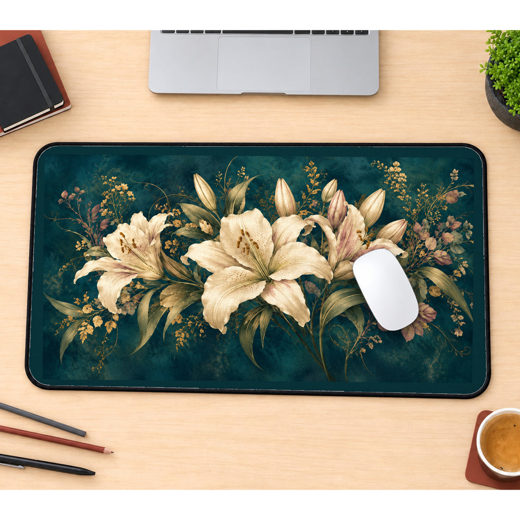 Vintage Ivory Lily Bouquet desk mat — product mockup 1