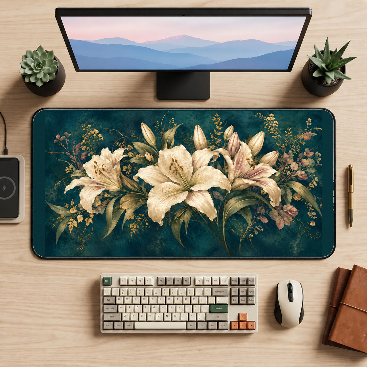 Vintage Ivory Lily Bouquet desk mat — product mockup 2