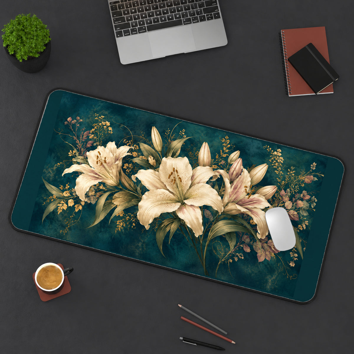 Vintage Ivory Lily Bouquet desk mat — product mockup 3