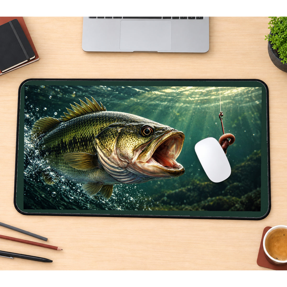 Largemouth Bass and Bait desk mat — product mockup 1